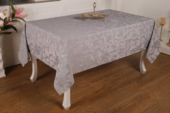 Finezza İpek Lüx Jakar Polycotton Kumaş Gri Masa Örtüsü 160x350 cm - 1071