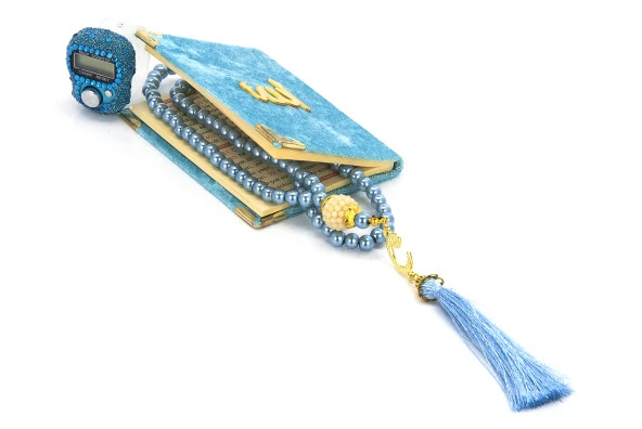 Taşlı Zikirmatik - Mini Kadife Yasin - İnci Tesbihli Hediyelik Set - Mavi Renk - Resim 2