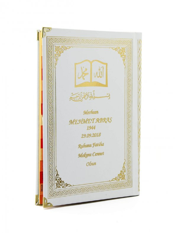 50 ADET - İsim Baskılı Ciltli Yasin Kitabı - Osmanlı Desenli - Orta Boy - 176 Sayfa - Beyaz Renk - Dini Hediyelik