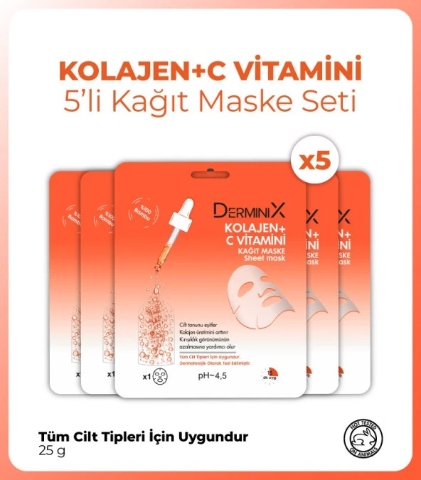 Derminix Kolajen + C Vitamini Kağıt Maske Seti 5 Adet