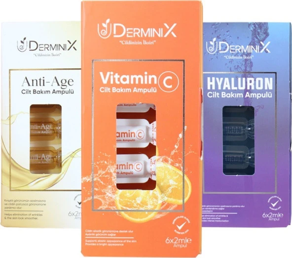 Derminix 3lü Cilt Bakım Ampul Seti  Hyaluron Ampul  Vitamin C Ampul  Anti Age Ampul