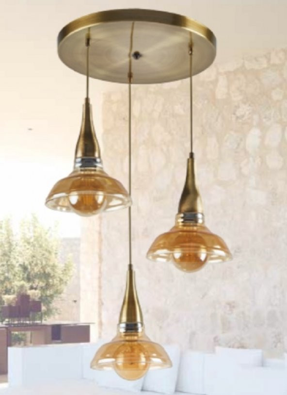 MYLİGHTS   RETRO  RUSTİK BAL CAMLI ÜÇLÜ AVİZE ürün görseli