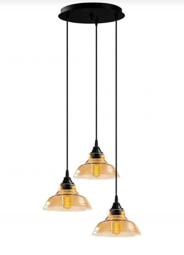 MYLİGHTS  RETRO  RUSTİK  VİNTAGE  BAL CAMLI  ÜÇLÜ SARKIT AVİZE 30 CM  TABAN CAMLAR 20 CM ürün görseli