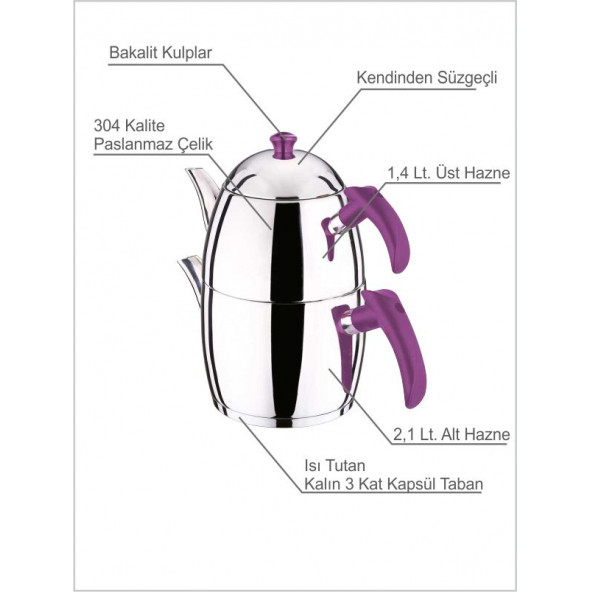 En Kaliteli Güzel Sağlam Eliptik Hediyelik Paslanmaz Çelik Bakalit Kulp Kalın Taban Çaydanlık Demlik - 2