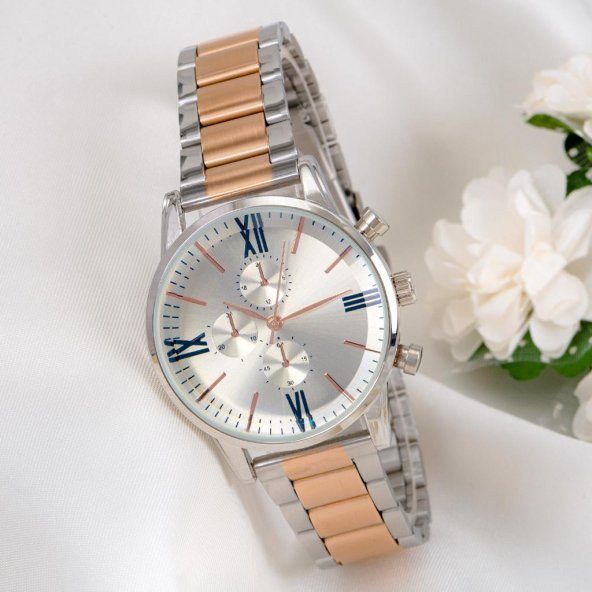 Erkek  Bakır Gümüş Renk Çelik Kordonlu Kol Saati ST-304024 - Resim 2