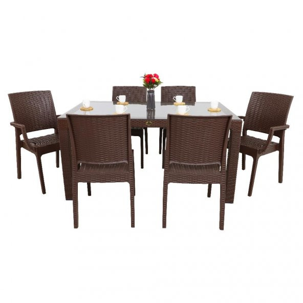 Mandella Elit Rattan 90x150 2 Elit Koltuk 4 Elit Sandalye Camlı Masa Takımı Kahverengi - 2