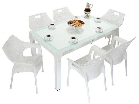 Mandella Elit Rattan 90x150 Star Koltuk Camlı Masa Takımı BEYAZ