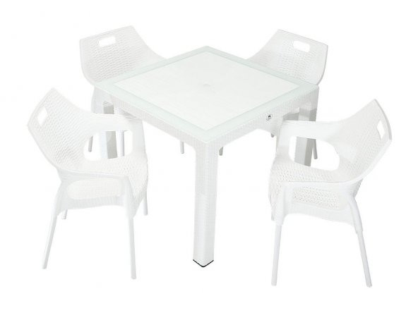 Mandella Elit Rattan 90x90 Star Koltuk Camlı Masa Takımı Beyaz