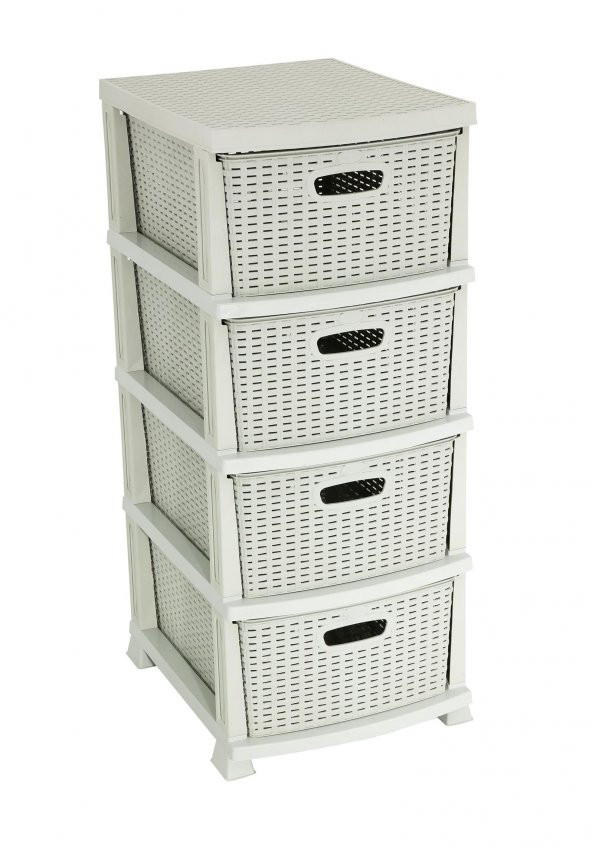 Sağlam Plastik Rattan Komidin (4 Çekmeceli Sebzelik) Kirli Beyaz