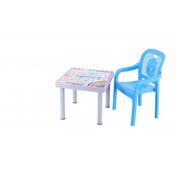 Sağlam Plastik Mandella Rubi İngilizce Desenli Çocuk Masası 1 Adet Rubi Çocuk Koltuk Mavi