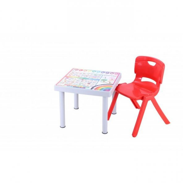 Sağlam Plastik Mandella Rubi İngilizce  Desenli Çocuk Masası 1 Adet Nova Büyük Çocuk Koltuk Kırmızı