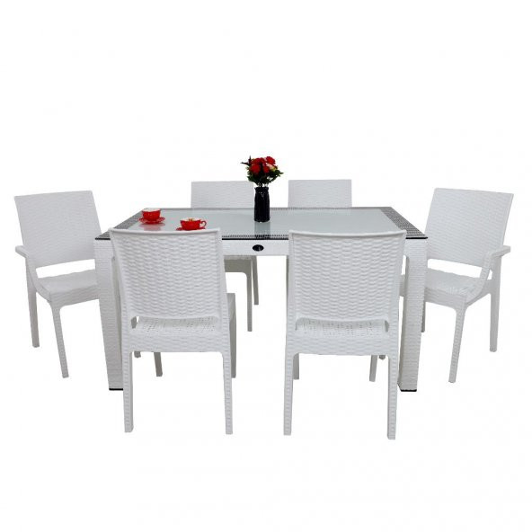 Mandella Elit Rattan 90x150 2 Elit Koltuk 4 Elit Sandalye Camlı Masa Takımı Beyaz - 2