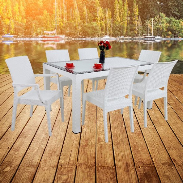 Mandella Elit Rattan 90x150 2 Elit Koltuk 4 Elit Sandalye Camlı Masa Takımı Beyaz - 3