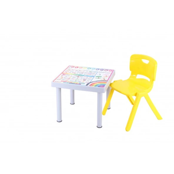 Sağlam Plastik Mandella Rubi İngilizce Desenli Çocuk Masası 1 Adet Nova Orta Çocuk Koltuk Sarı ürün görseli