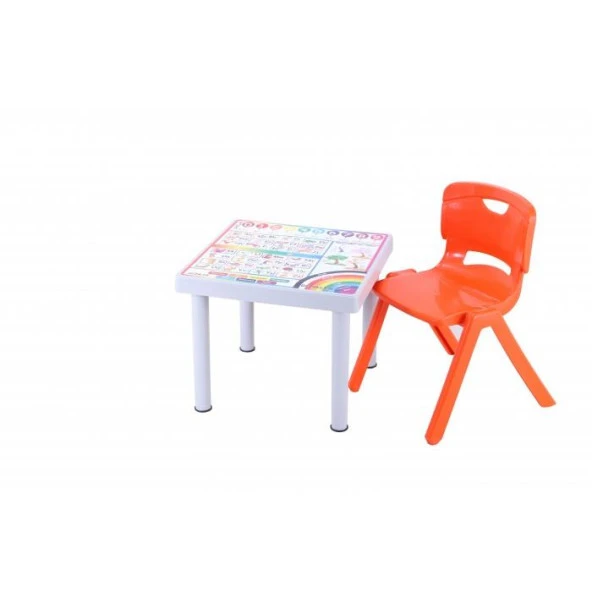 Sağlam Plastik Mandella Rubi İngilizce Desenli Çocuk Masası 1 Adet Nova Orta Çocuk Koltuk Turuncu