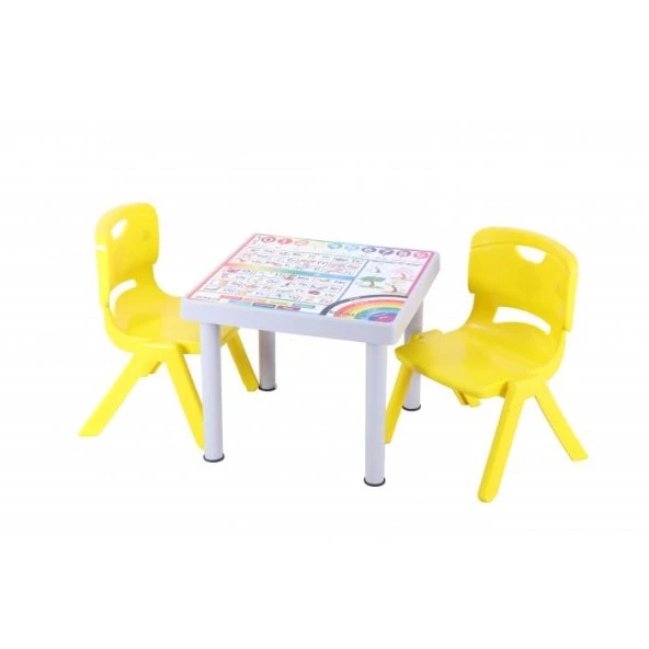 Sağlam Plastik Mandella Rubi Türkçe Desenli Çocuk Masası 2 Adet Nova Orta Çocuk Koltuk Sarı ürün görseli