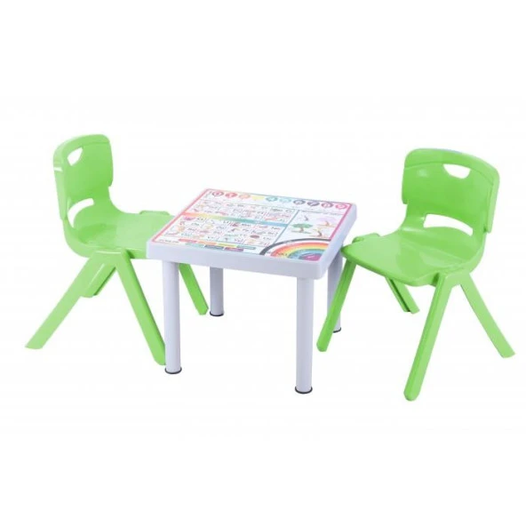 Sağlam Plastik Mandella Rubi Türkçe Desenli Çocuk Masası 2 Adet Nova Büyük Çocuk Koltuk Yeşil
