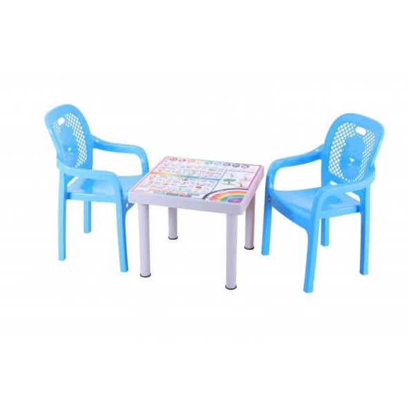 Sağlam Plastik Mandella Rubi İngilizce Desenli Çocuk Masası 2 Adet Rubi Çocuk Koltuk Mavi