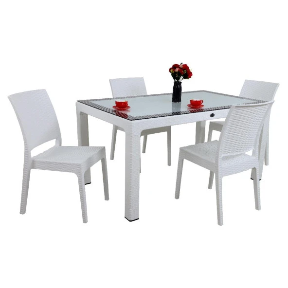 Mandella Elit Rattan 90x150 4 kişilik Elit Sandalye Camlı Masa Takımı Beyaz ürün görseli