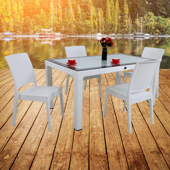 Mandella Elit Rattan 90x150 4 kişilik Elit Sandalye Camlı Masa Takımı Beyaz - Resim 2