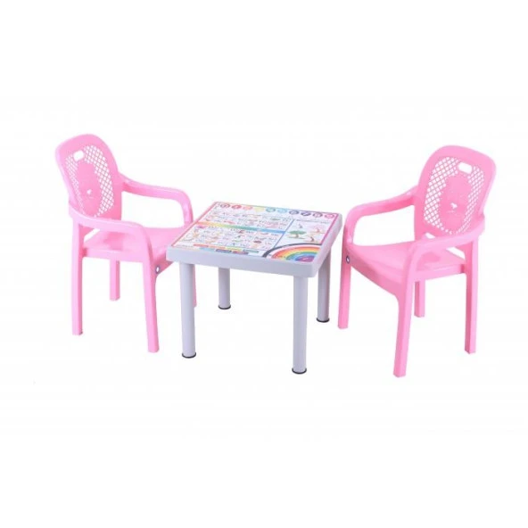 Sağlam Plastik Mandella Rubi İngilizce Desenli Çocuk Masası 2 Adet Rubi Çocuk Koltuk Pembe ürün görseli