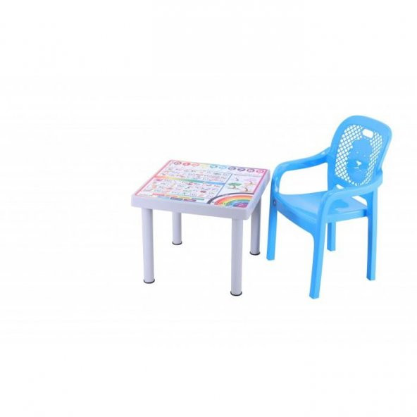 Sağlam Plastik Mandella Rubi Türkçe Desenli Çocuk Masası 1 Adet Rubi Çocuk Koltuk Mavi