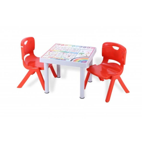 Sağlam Plastik Mandella Rubi Türkçe Desenli Çocuk Masası 2 Adet Nova Orta Çocuk Koltuk Kırmızı