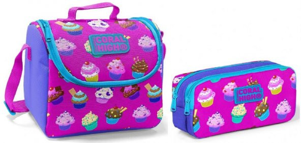 Coral High Beslenme Çantası ve Kalemlik Takım - Pembe - Cupcake - Kız Çocuk ürün görseli 1
