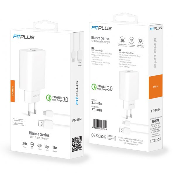FitPlus Bianca FT-301M QC3.0 Seyahat Şarj Aleti Micro USB Kablo Set 3A - 9