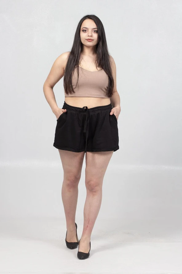 Truva Xxl Büyük Beden Kadın Giyim Ayarlanablir Bel Kısa Pamuklu İki İplik Penye Şort Siyah Kş029 - 2