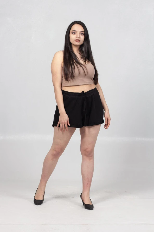 Truva Xxl Büyük Beden Kadın Giyim Ayarlanablir Bel Kısa Pamuklu İki İplik Penye Şort Siyah Kş029 - 3