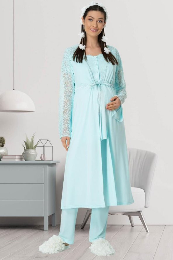 Mecit 5440 Turkuaz  Dantelli Sabahlıklı Lohusa Pijama Takımı - Resim 2