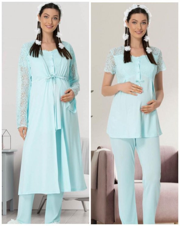 Mecit 5440 Turkuaz  Dantelli Sabahlıklı Lohusa Pijama Takımı - Resim 4