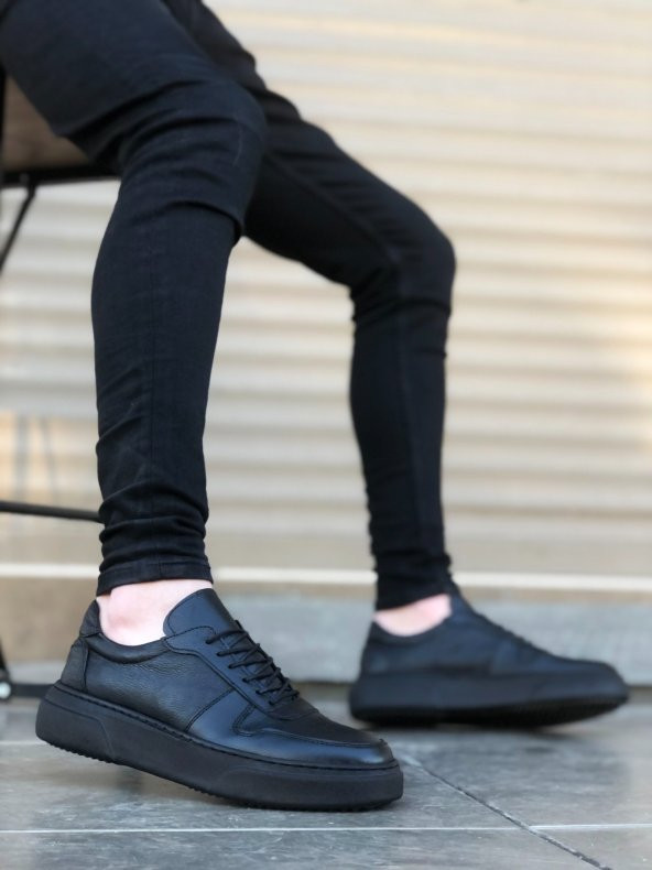 BA0196 İçi Dışı Hakiki Deri Rahat Taban Siyah Sneakers Casual Erkek Ayakkabı