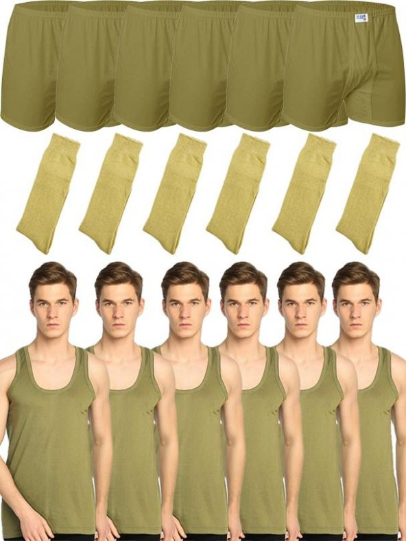 Seher Yıldızı Erkek Boxer Atlet Çorap Asker Çamaşır Takımı Yeşili Açık Haki 3XL-6