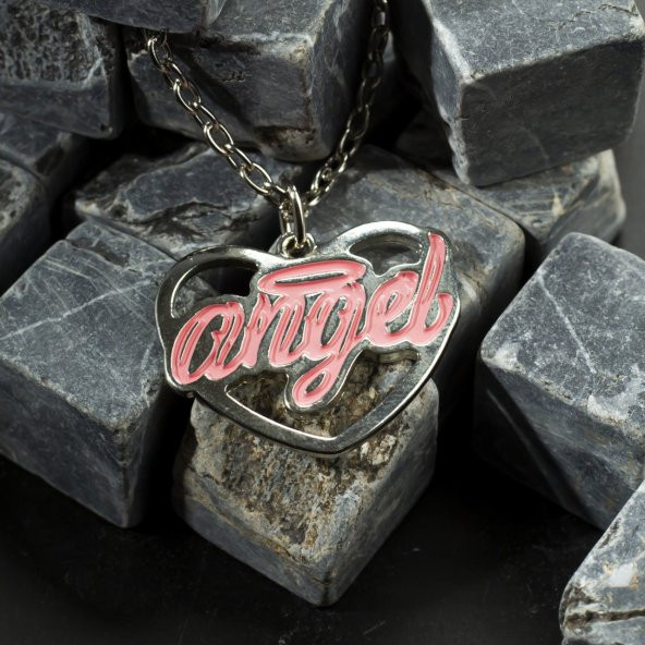 Pembe Angel Yazılı Metal Zincirli Kolye Takı Aksesuar - 2