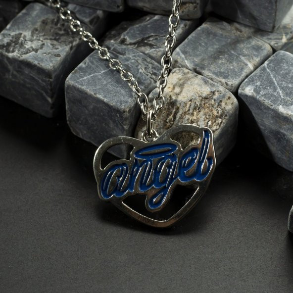 Mavi Angel Yazılı Metal Zincirli Kolye Takı Aksesuar - 2