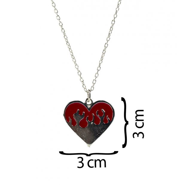 Kırmızı Alev Kalp Metal Zincirli Kolye Takı Aksesuar - 4