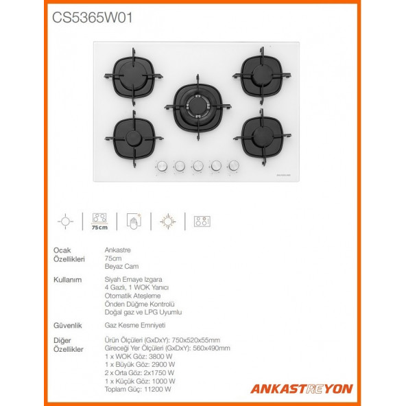 Silverline CS5365W01 75 cm Ankastre Ocak Beyaz cam - 2