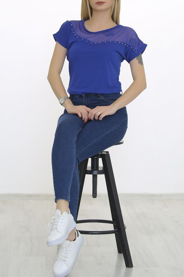 Tül Ve İncili Bluz Saks - 8663.599. - 5