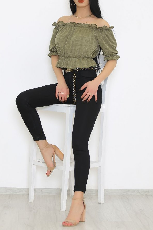 Kayık Yaka Krınkıl Bluz Yağyeşili - 4884.148. - 2