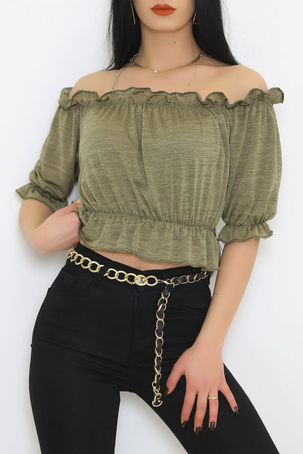 Kayık Yaka Krınkıl Bluz Yağyeşili - 4884.148. - 3
