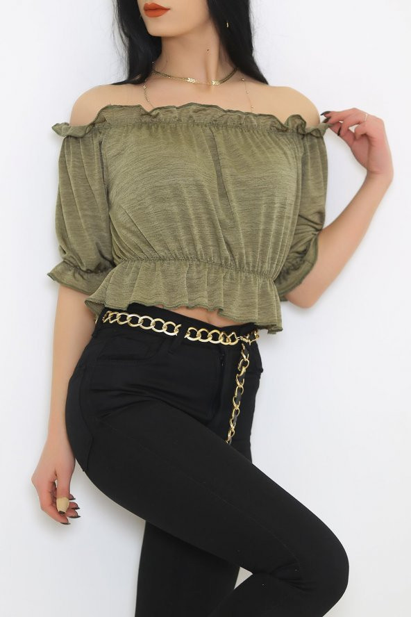 Kayık Yaka Krınkıl Bluz Yağyeşili - 4884.148. - 5