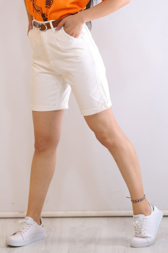 Gabardin Kemerli Şort Beyaz - 6375.299. - 5