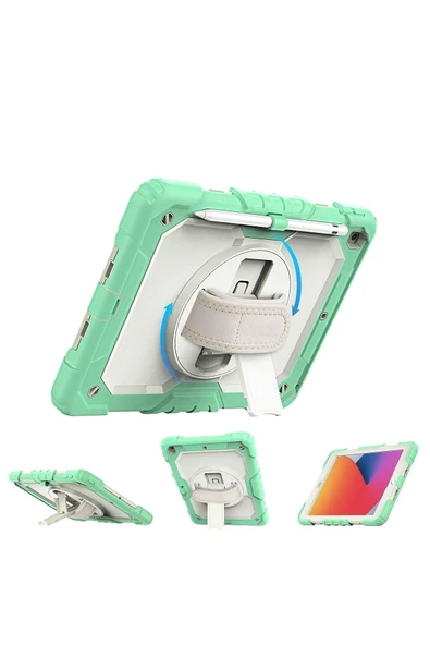 iPad 2019/2020 10.2" 7. 8. Nesil Strap, Kalemlikli Tablet Kılıfı Darbeye Dayanıklı Askılı 360° Kılıf - Resim 11