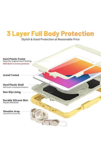 iPad 2019/2020 10.2" 7. 8. Nesil Strap, Kalemlikli Tablet Kılıfı Darbeye Dayanıklı Askılı 360° Kılıf - Resim 8