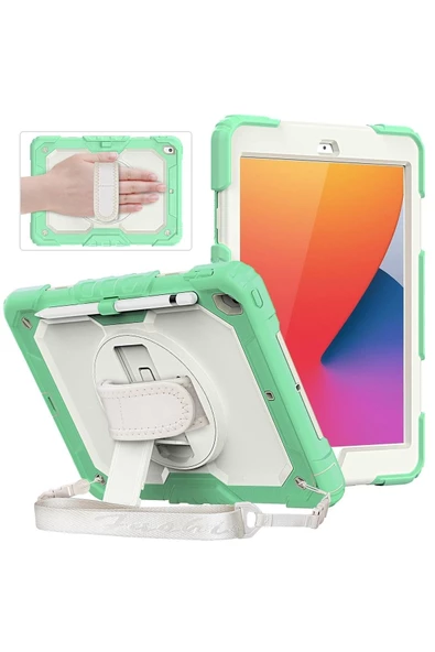 iPad 2019/2020 10.2" 7. 8. Nesil Strap, Kalemlikli Tablet Kılıfı Darbeye Dayanıklı Askılı 360° Kılıf - Resim 10