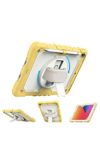 iPad 2019/2020 10.2" 7. 8. Nesil Strap, Kalemlikli Tablet Kılıfı Darbeye Dayanıklı Askılı 360° Kılıf - Resim 3