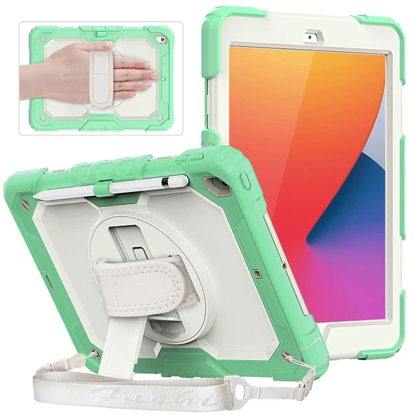 iPad 2019/2020 10.2" 7. 8. Nesil Strap, Kalemlikli Tablet Kılıfı Darbeye Dayanıklı Askılı 360° Kılıf ürün görseli 1