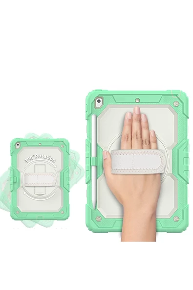 iPad 2019/2020 10.2" 7. 8. Nesil Strap, Kalemlikli Tablet Kılıfı Darbeye Dayanıklı Askılı 360° Kılıf - Resim 12